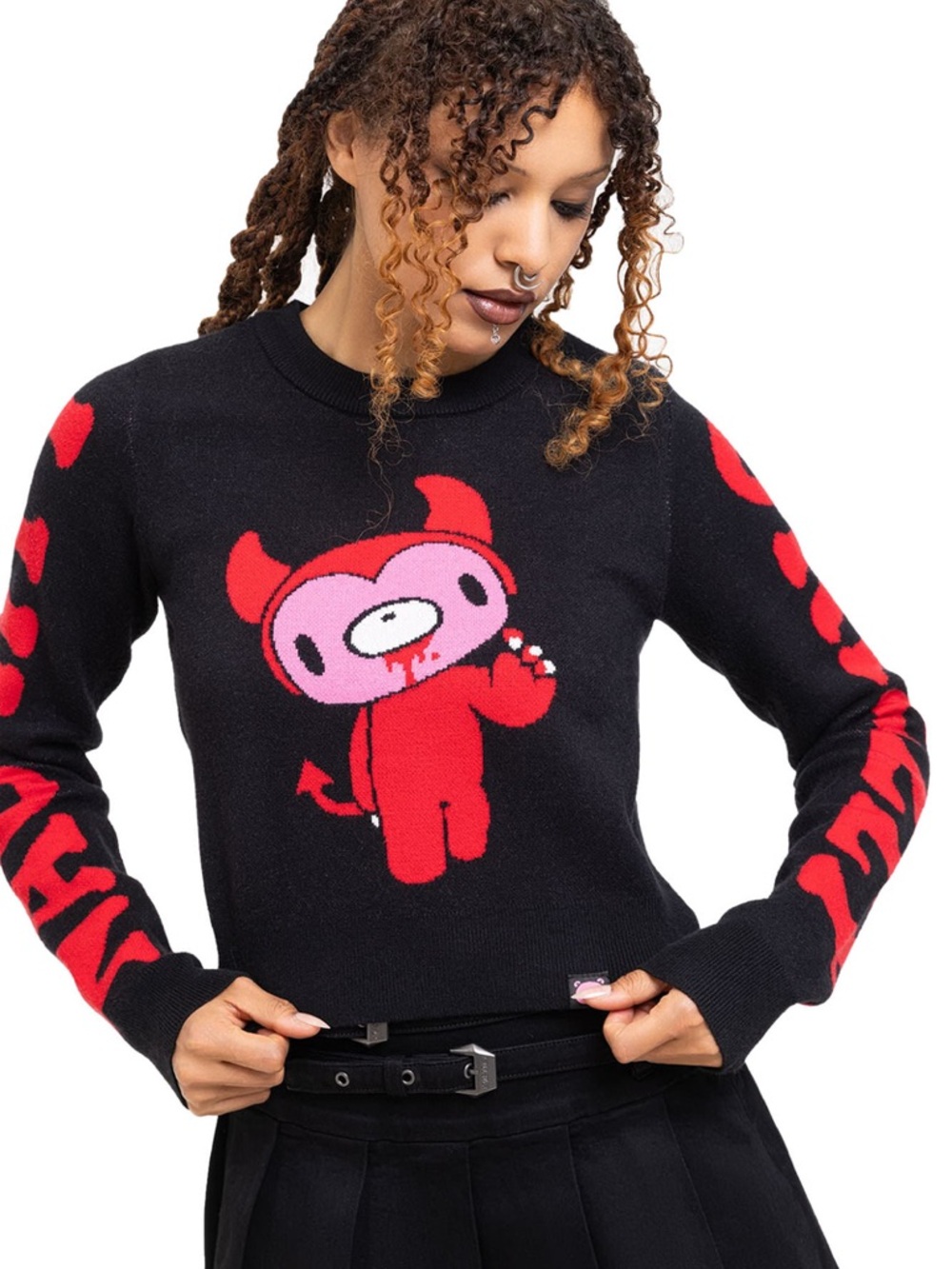 KILLSTAR x GLOOMY BEAR Naughty Grizzly Cropped Knit Sweater Crew Neck Black XS